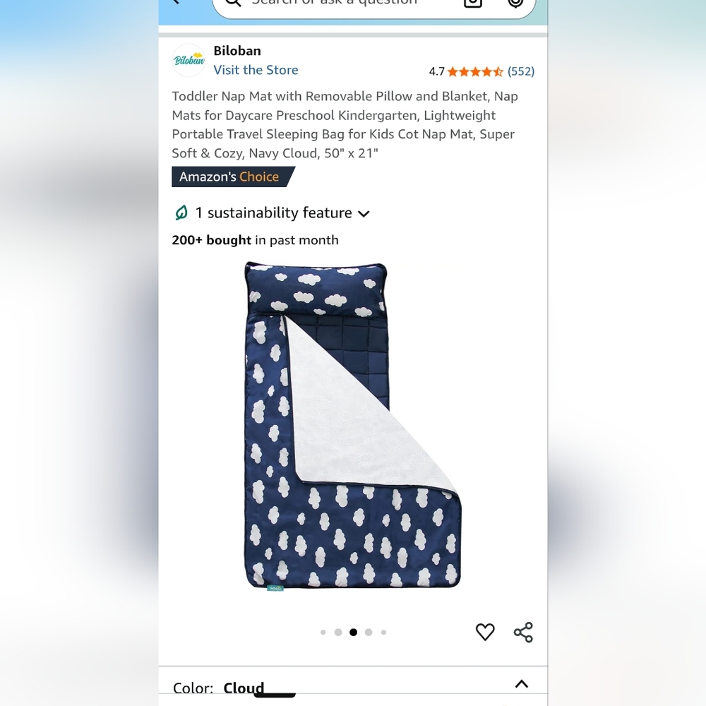 Nap Mat, Blanket Roll For Toddler Cot, Blue Cloud, Daycare Blanket